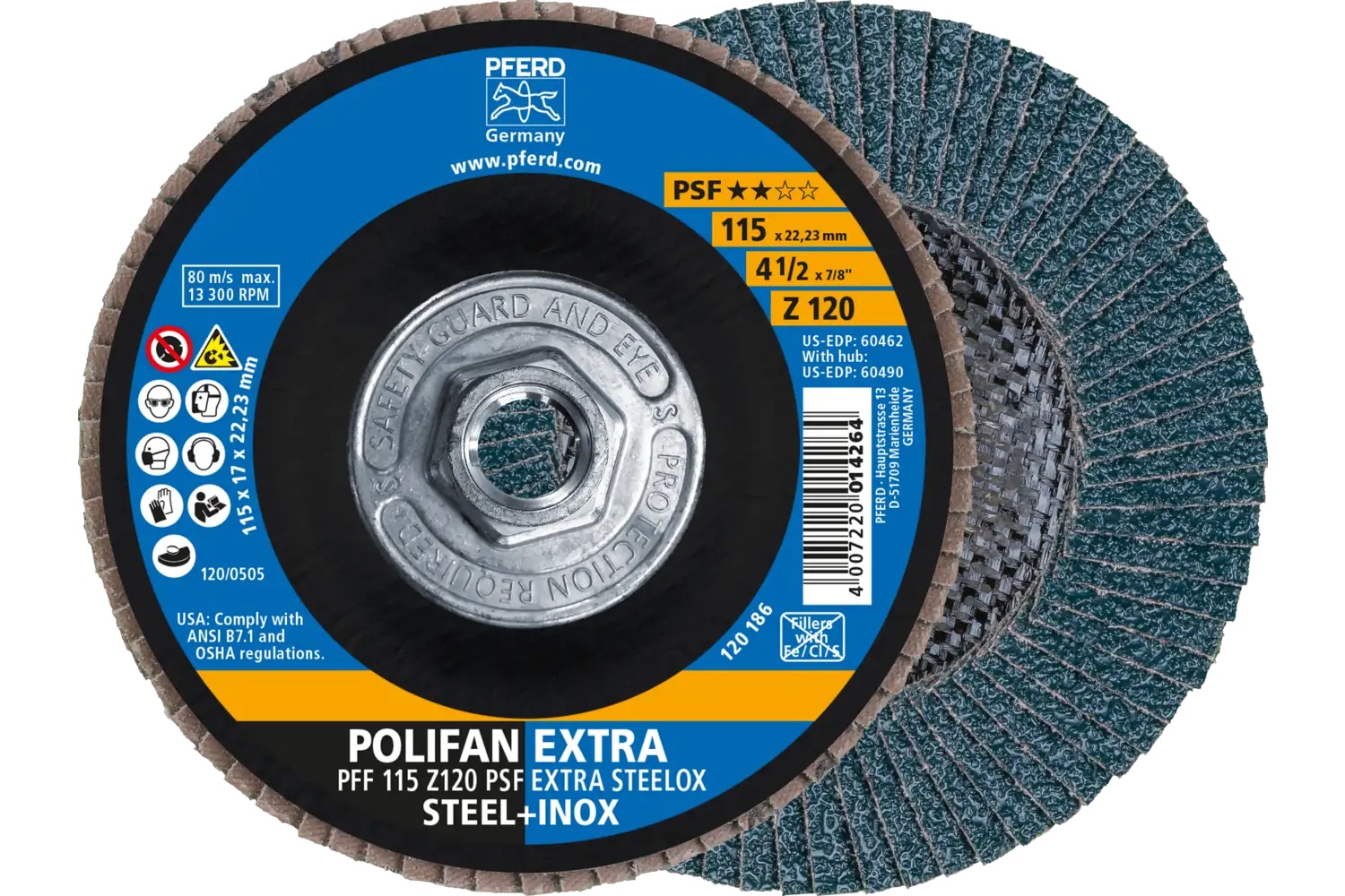 Picture of Pferd Flap Disc, 4-1/2" x 5/8-11, Z PSF Extra Steelox, 120 Grit, T27, Flat, Zirconia